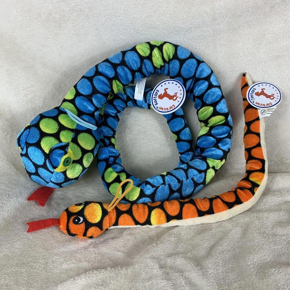 Caravan Soft Toys Lot of 2 Plush Stuffed Orange And Blue Snakes 39” & 17” NWT